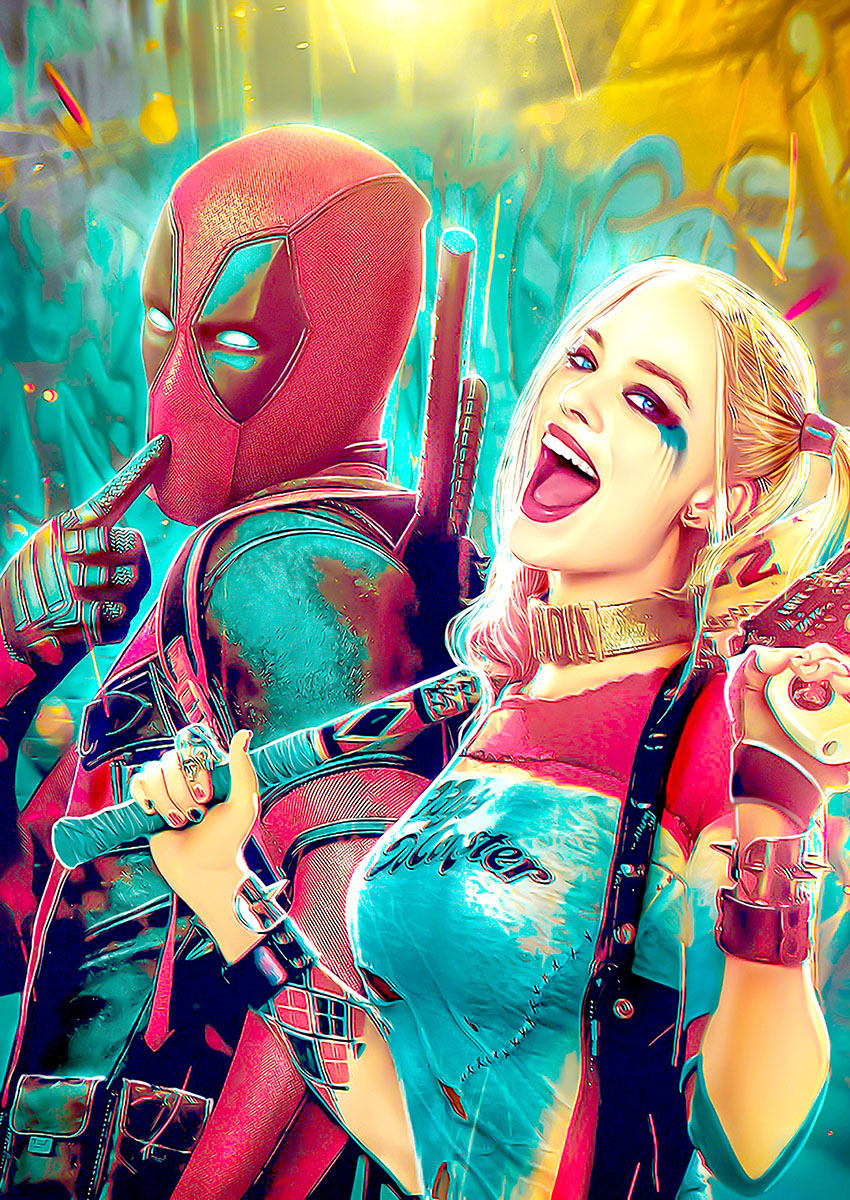 Vibrant artwork featuring Harley Quinn and Deadpool style characters with dynamic poses and bright colours.